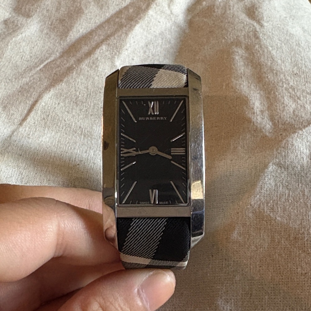 Burberry Black and Silver Men's Watch with Checkered Strap
